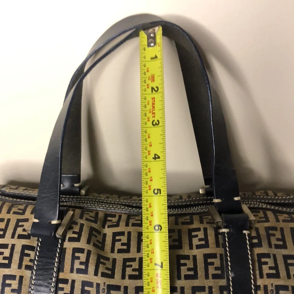 FENDI Zucca Navy Blue Leather Canvas Boston Duffle Travel Bag Speedy 30 EUC